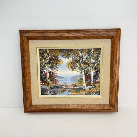 VINTAGE Oil on Canvas Painting Autumn Lake Scene Signed by Artist - Picture 9 of 12